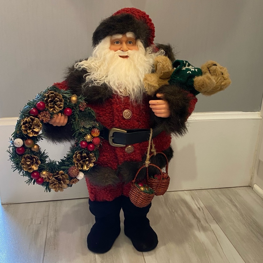 Life-Like Traditional Santa Statue with Christmas Wreath, Bear and Baskets